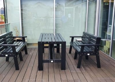 Table and benches on Balcony NGP Nex Generation Plastics Side View
