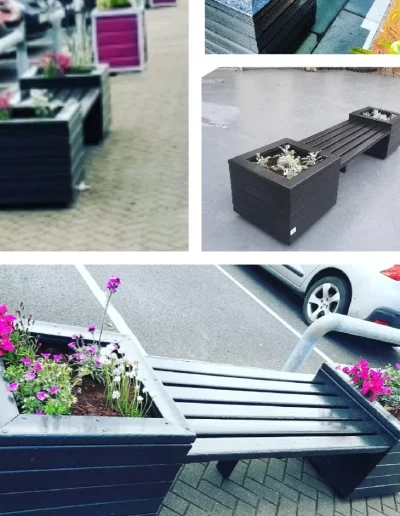 plastic benches with planters embedded collage