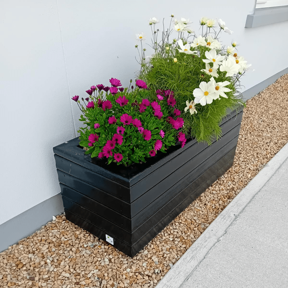 Square Recycled Plastic Planters Next Generation Plastics NGP rectangular style with pink and white flowers Square